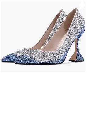 YDN Silver Blue Pointed Toe Slip on Pumps Special High Heel Shoe for Party Lady